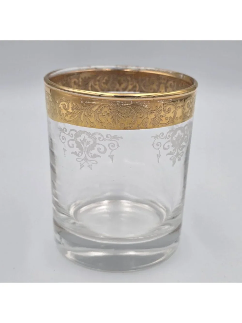 Old Fashioned by Cellini Gold Rim Etched Glass Tumbler With Floral Scroll Design